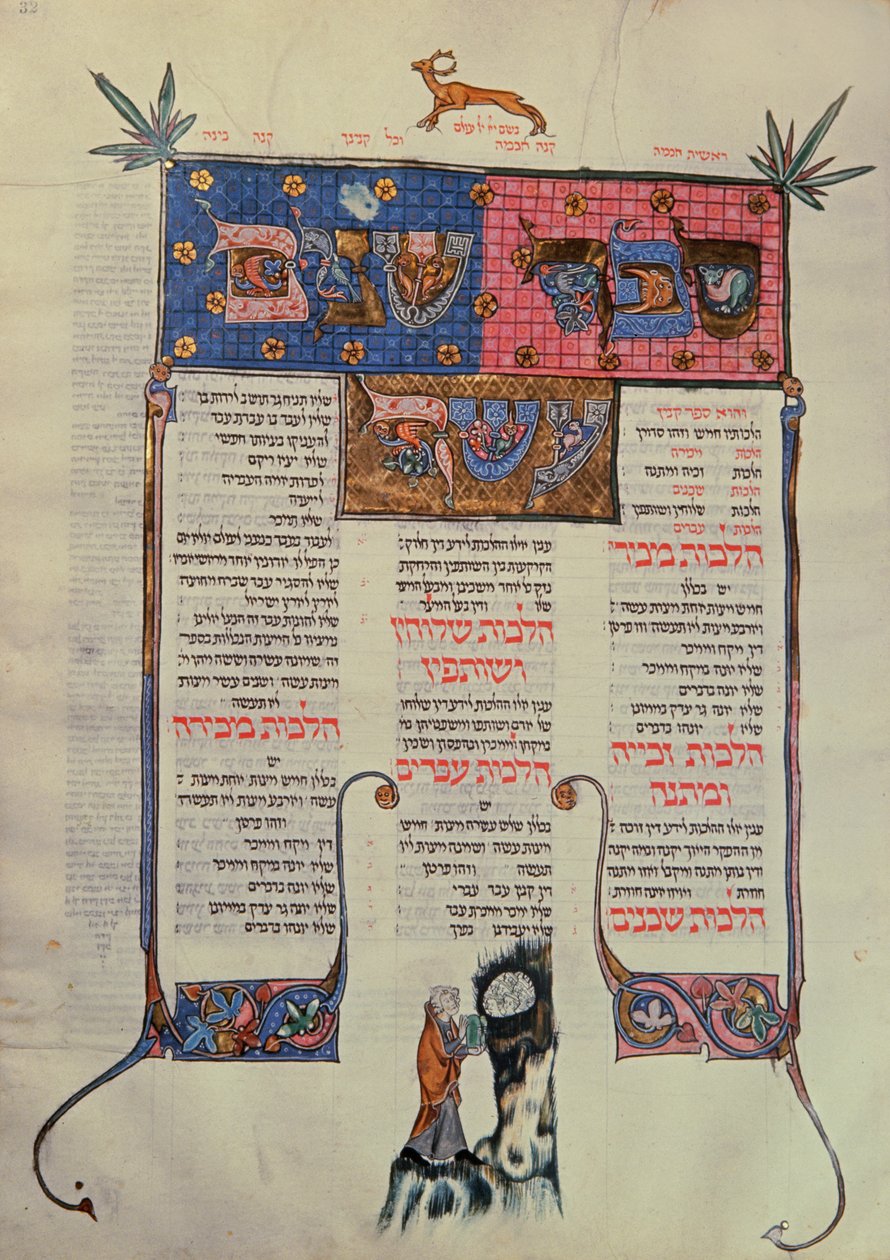Forside af tolv bog "Bogen om donationer og erhvervelser" af Mishneh Torah af Maimonides med en miniature, der skildrer Moses, der leverer lovens tavler til Israels folk, b. af French School