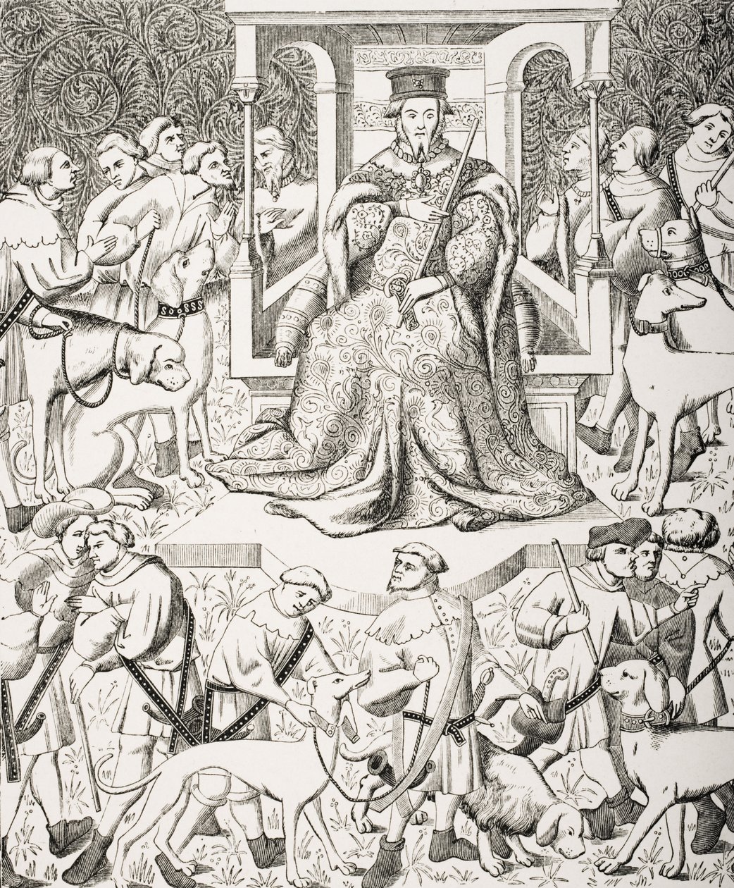 Gaston Phoebus (1331-91) Undervisning i veneri eller jagt, efter en miniature fra det 15. århundrede af Phoebus og hans stab, der jager vilde dyr og rovfugle, fra 