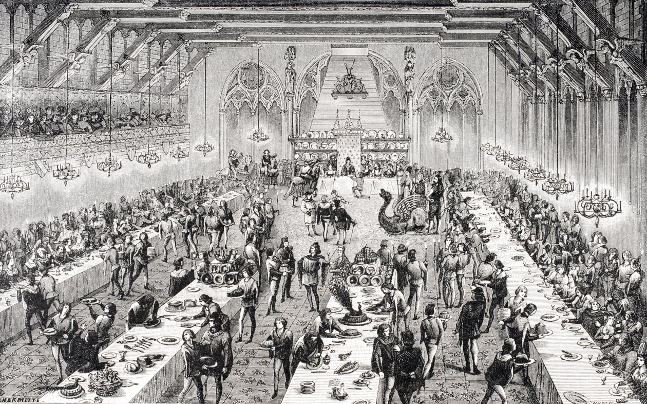 Stor ceremoniel banket ved det franske hof i det 14. århundrede, fra en gravering fra det 19. århundrede i 