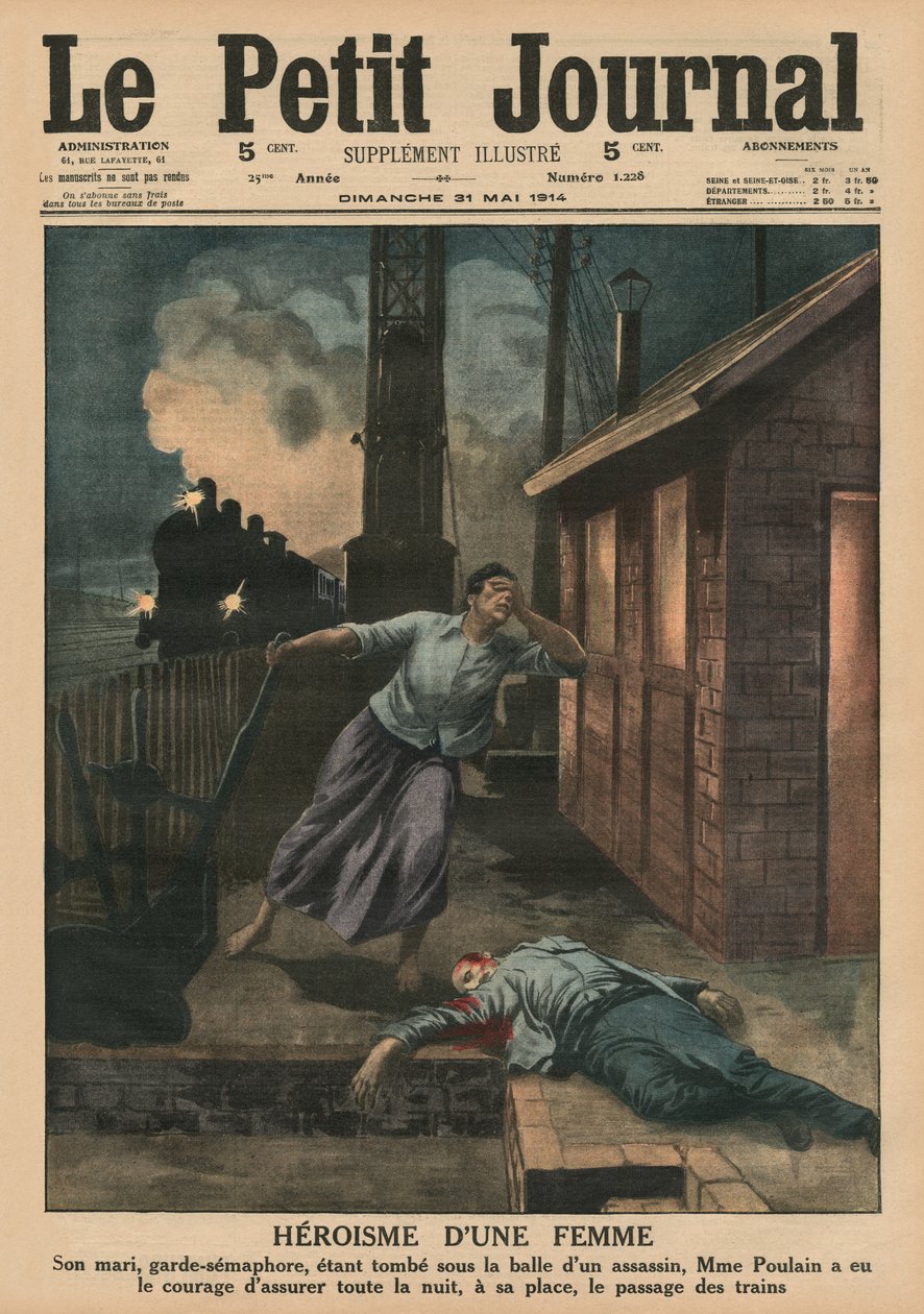 Heltemod mod en kvinde, hendes mand, en vejpasser skudt af en morder, Madame Poulain tog pladsen for togene hele natten, forsideillustration fra 