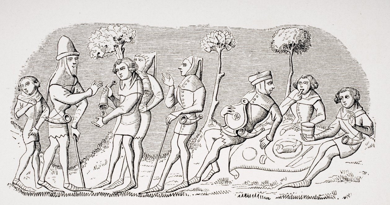 Jagtmel, gengivelse af en miniatuare i det 14. århundredes manuskript Livre de Roy du Modus