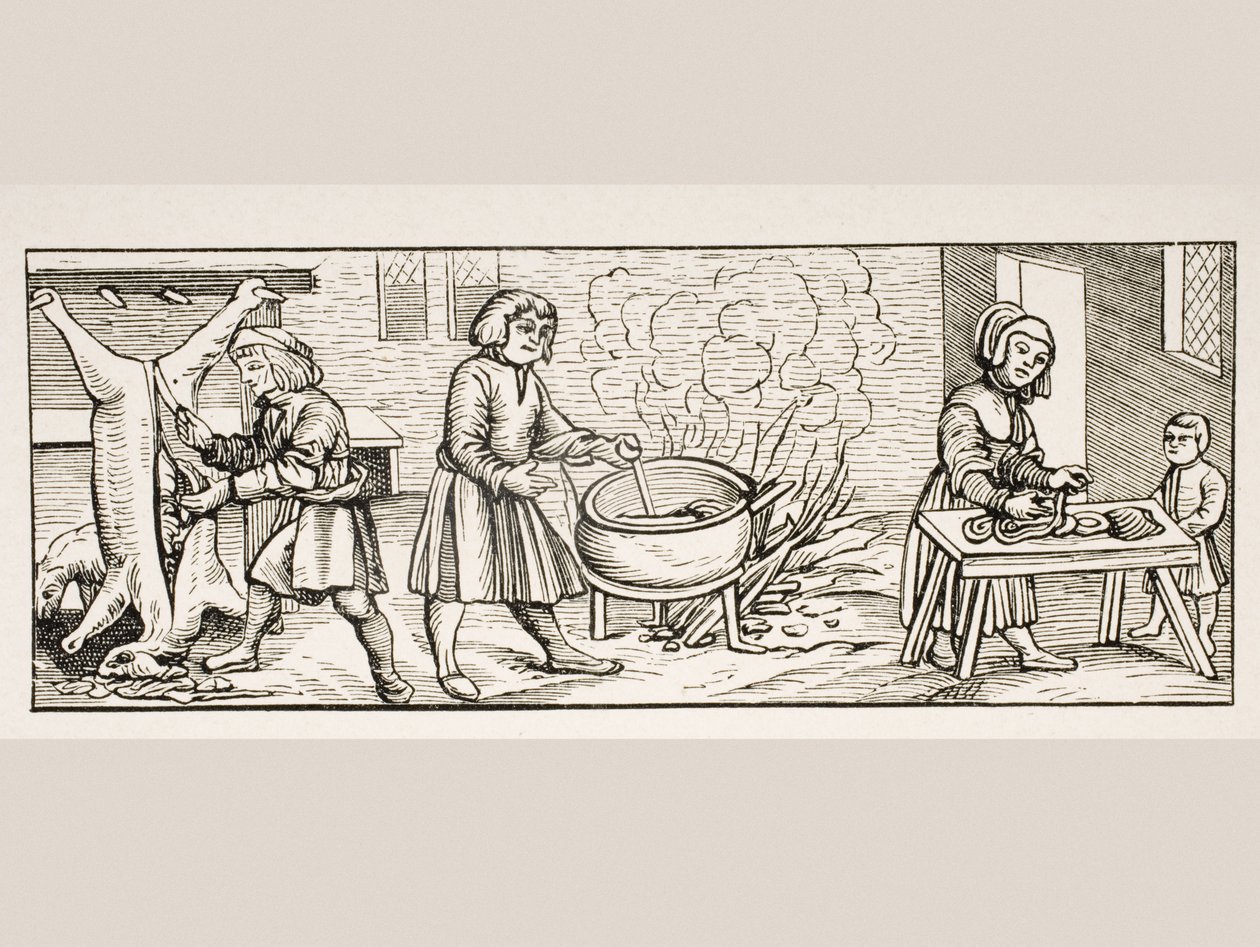Interiør af et køkken, efter et træsnit i "Calendarium Romanum" af Jean Staeffler, trykt i Tubingen, Tyskland, 1518, fra "Le Moyen Age et La Renaissance" af Paul Lacroix (1806-84) udgivet 1847 (lith af French School