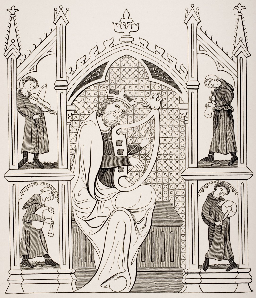 Kong David spiller på lyre omgivet af fire musikere, efter en miniature i et manuskript af en salmebog, fra "Le Moyen Age et La Renaissance" af Paul Lacroix (1806-84) udgivet i 1847 af French School