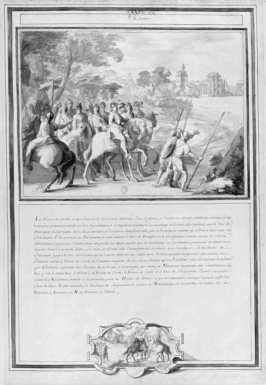 Louis II de Bourbon (1621-86) Prins af Conde med sin bror, Armand de Bourbon (1629-66) Prins af Conti og Henri II de Longueville (1595-1663) Hertug af Estouteville rider til Vincennes, 18. januar af French School