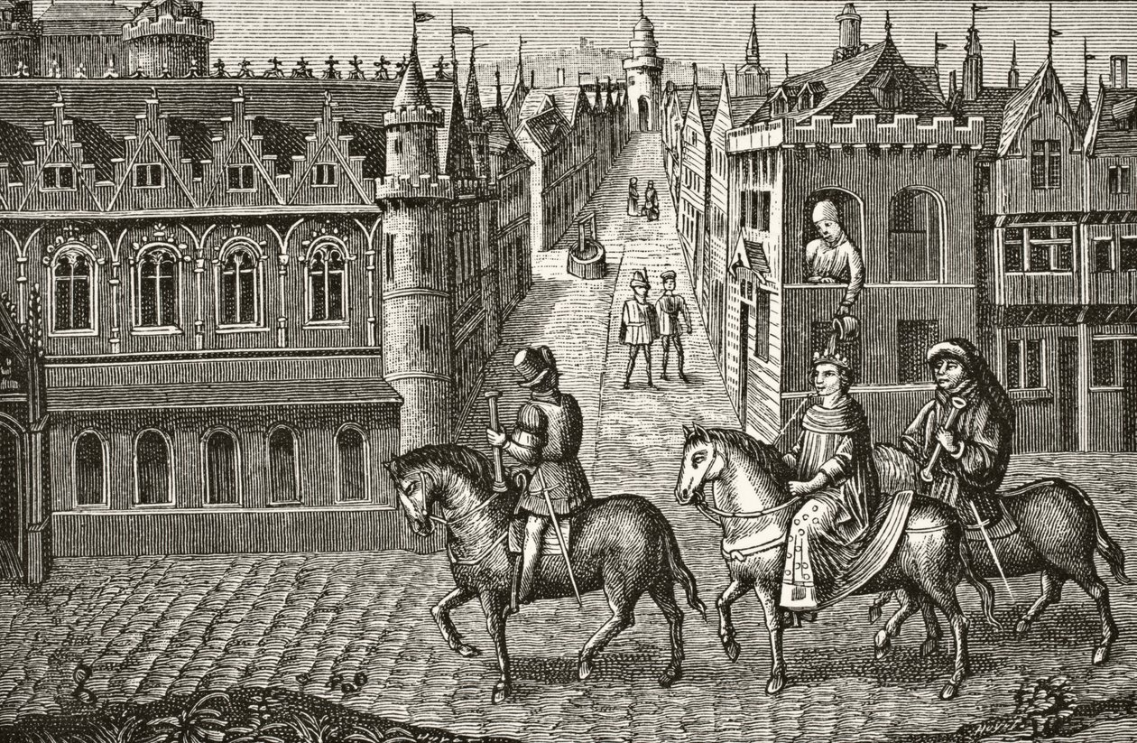 Louis IX får en gryde med urin hældt over sig af en studerende, mens han kører til kirken i Paris, fra 