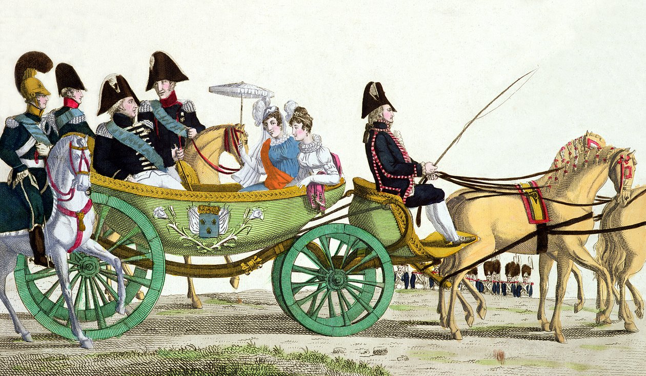 Louis XVIII (1755-1824) og hans familie gennemgår de kongelige tropper på Champ de Mars, den 20. juni 1814, dagen for velsignelsen af Garde Royales flag af French School