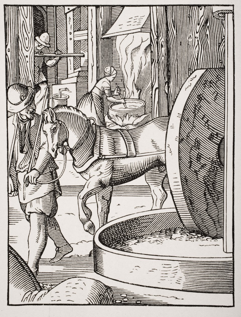 Fremstilling af olie efter en illustration fra det 16. århundrede tegnet og indgraveret af Jost Amman (1539-91) fra 
