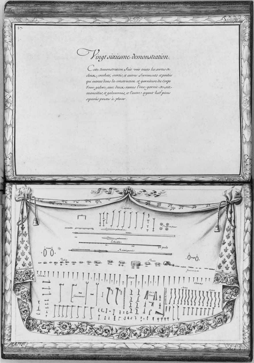 Søm, kroge, remskiver og jernbeslag, der er nødvendige for at bygge en kabys, seksogtyvende demonstration, plade 27, illustration fra 