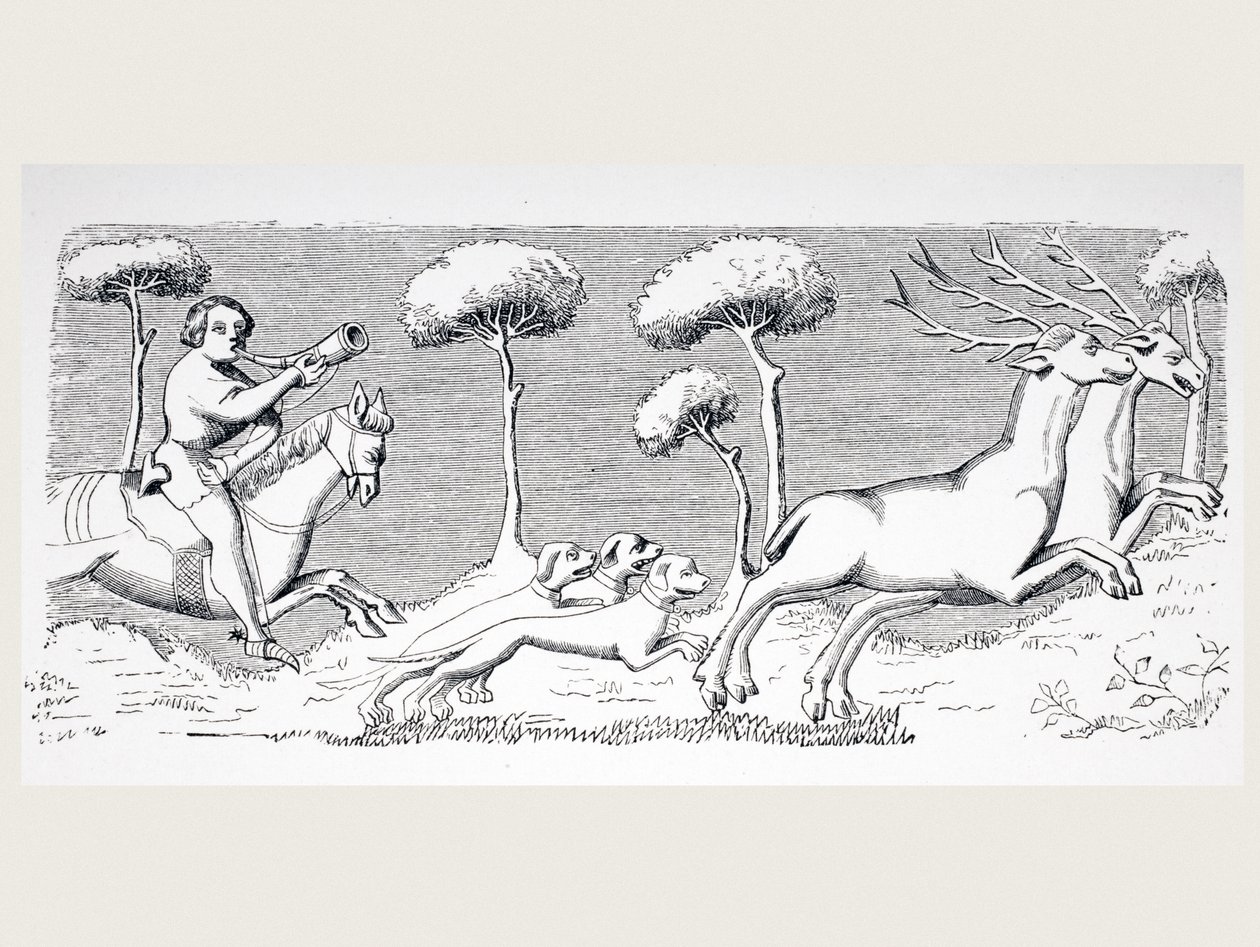 Hjortenes natur og udseende og hvordan de kan jages med hunde, efter en miniature i det 15. århundredes Manuskript af Phoebus, fra 
