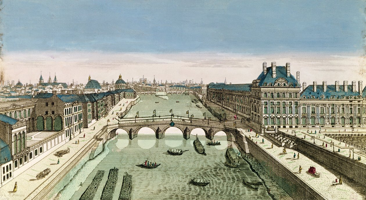 Perspektiv udsigt over Paris fra Pont Royal (farvet gravering) af French School