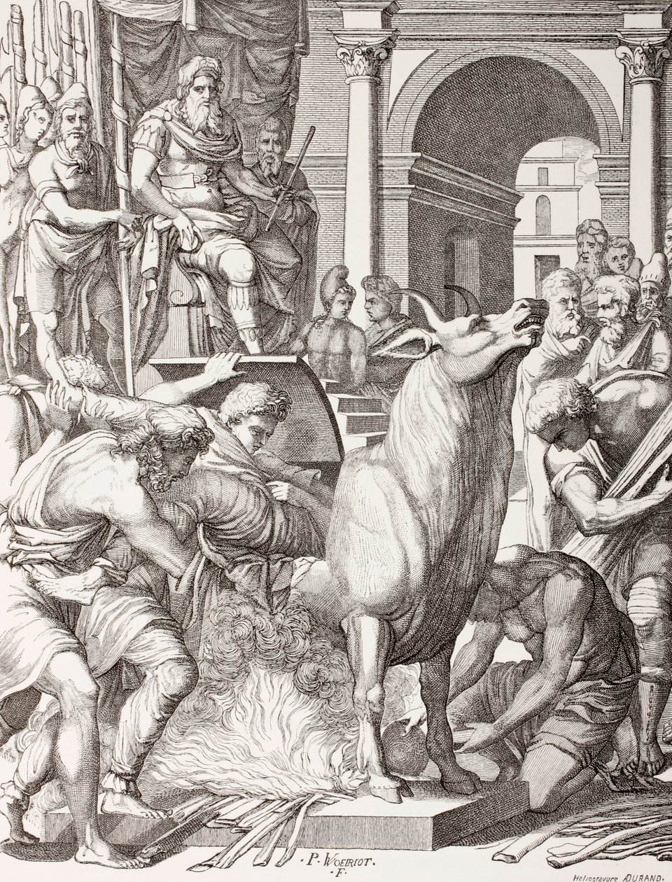 Phalaris, der dømmer billedhuggeren Perillus til at dø i bronzetyren, for at blive stegt levende, og hans råb vil repræsentere tyrens brøl, efter et værk fra det 16. århundrede, fra 