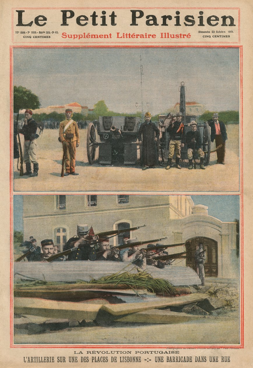 Portugisisk revolution, artilleri på et torv i Lissabon, en barrikade i en gade, forsideillustration fra 