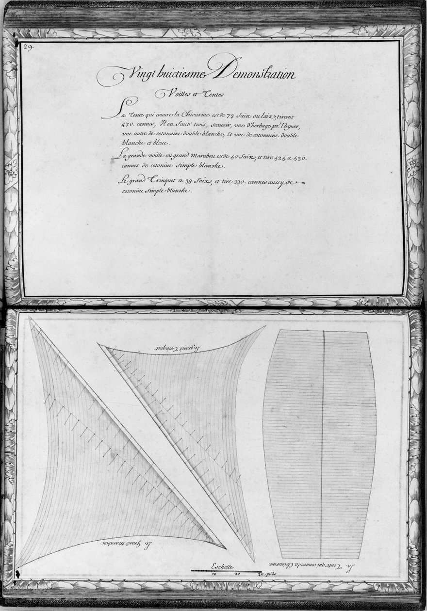 Sejl på en galease, otteogtyvende demonstration, planche 29, illustration fra "Demonstrationer af alle de dele af træ, søm og jern, der indgår i konstruktionen af en galease..." (blyant und af French School