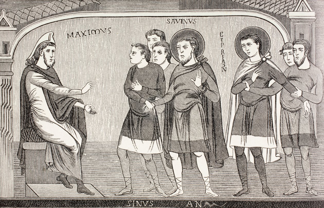 De hellige Savin og Cyprian bekender over for prokonsul Galerius Maximus, at de er kristne, fra 