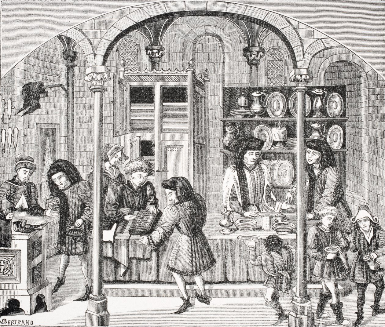 Butikker under et overdækket marked, efter en miniature i en oversættelse fra det 14. århundrede af Aristoteles