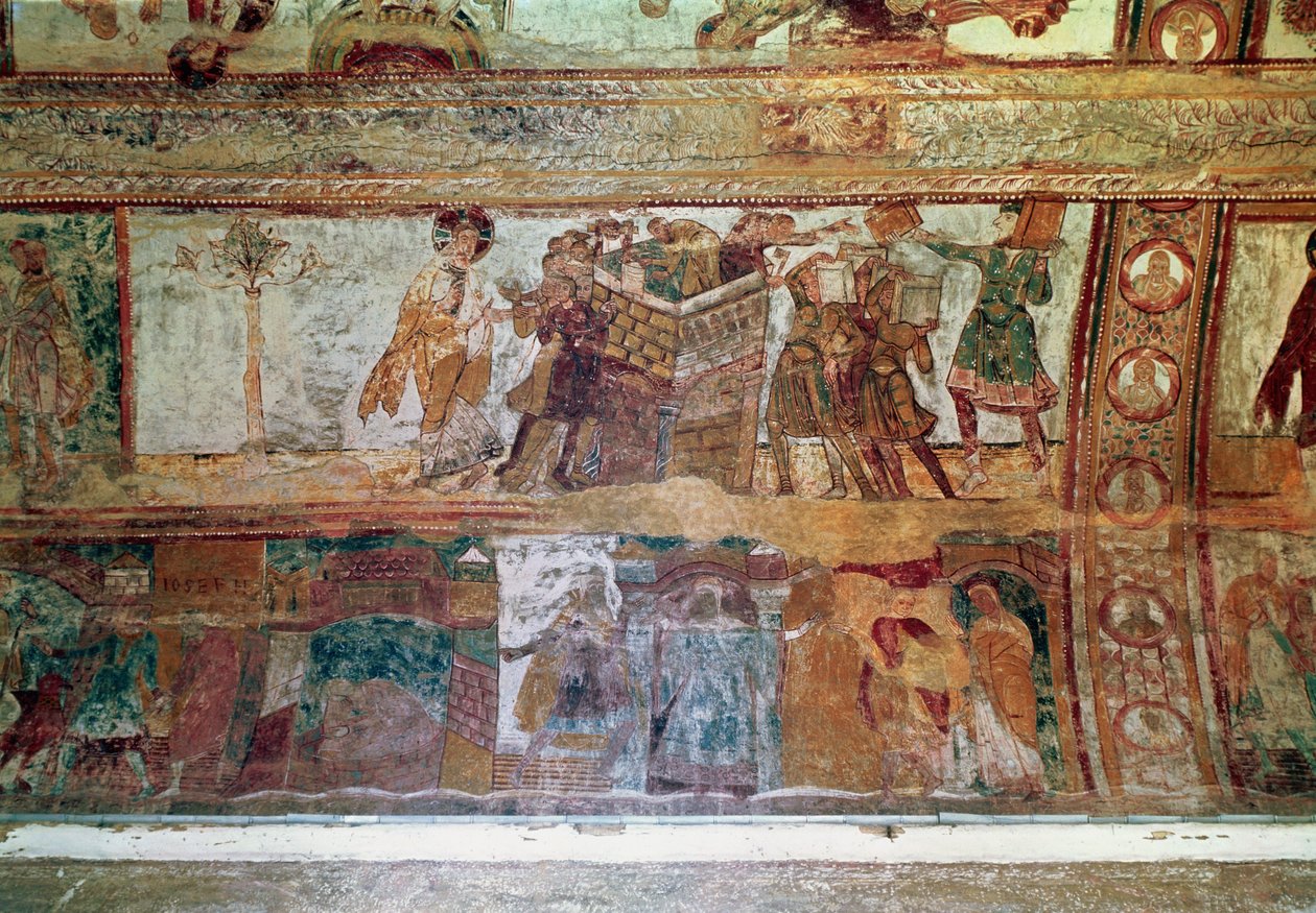Opførelsen af Babelstårnet (øverste register); Mødet mellem Josef og Potifars hustru og Josef, der kastes i fængsel (nederste register), fra skibshvælvingen, ca. 1100 af French School