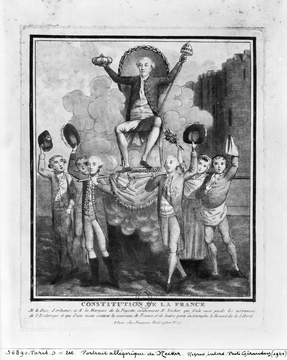 Den franske forfatning: Det er et allegorisk portræt af Jacques Necker (1732-1804) holdt op af Louis Philippe Joseph (1747-93) Duc d