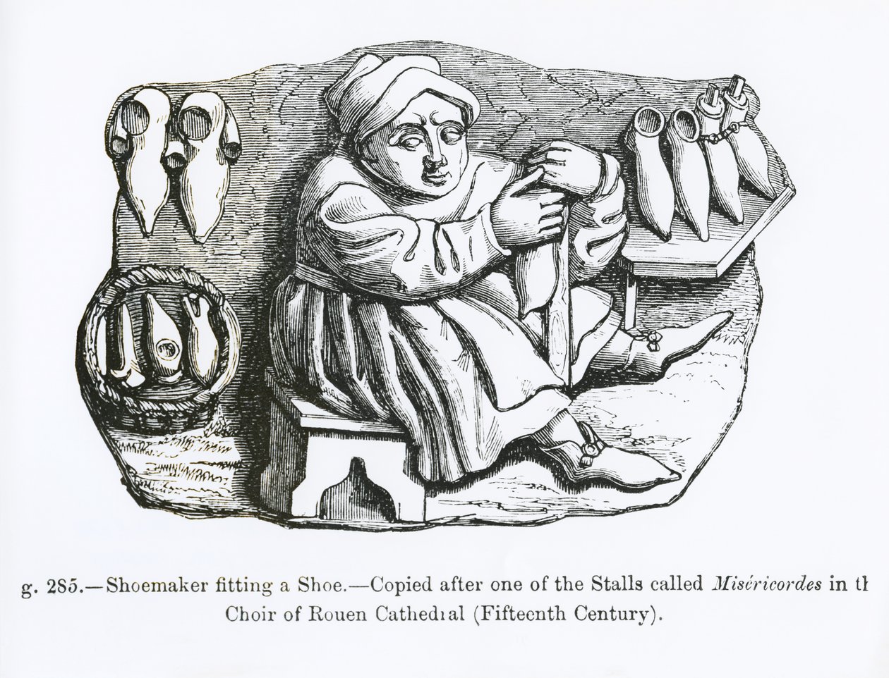 The Shoemaker Fitting a Shoe, kopieret fra en af Misericordia-boderne i Rouen-katedralens kor, illustration fra 