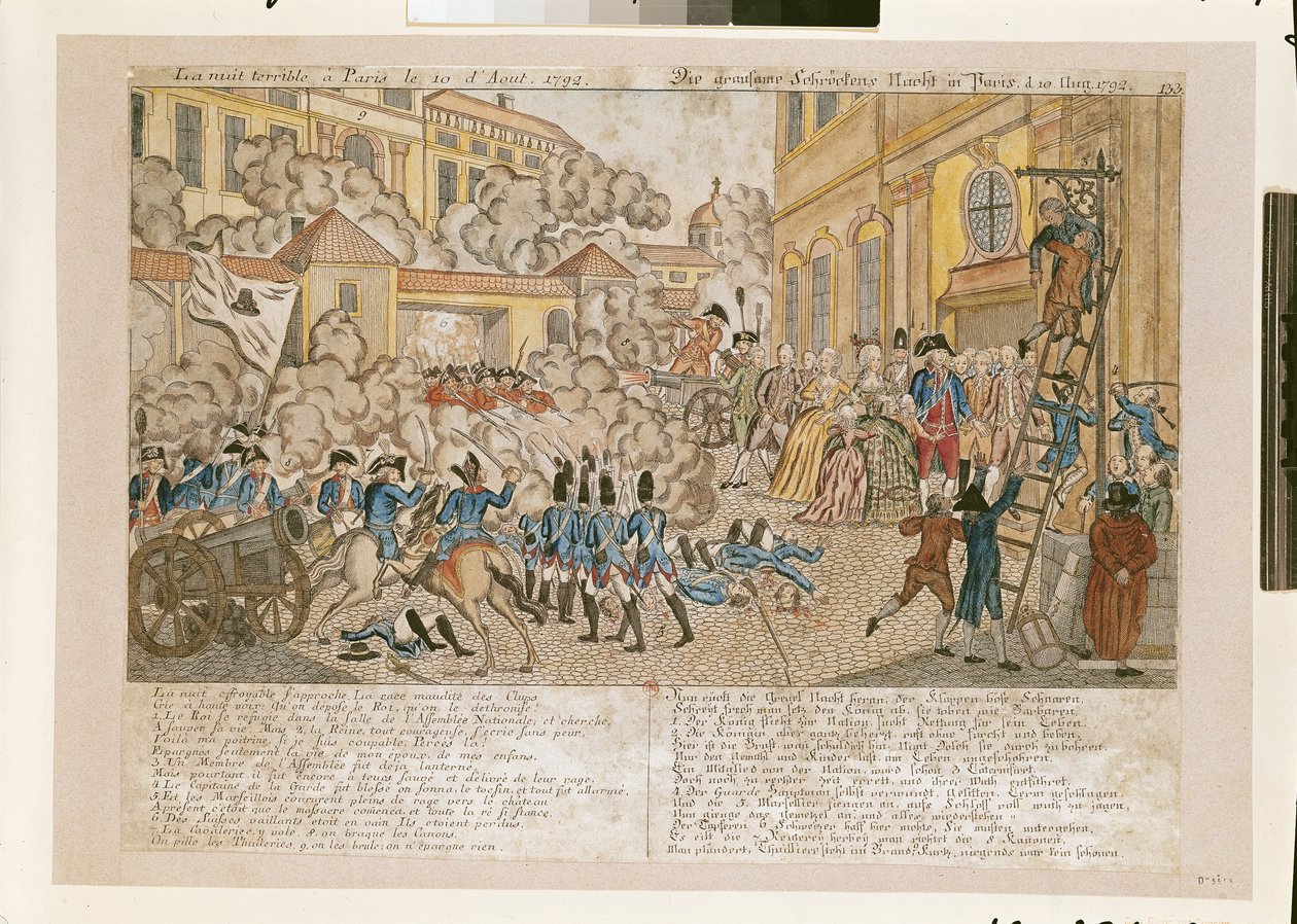 The Terrible Night in Paris, 10. august 1792 (farvet indgravering) af French School