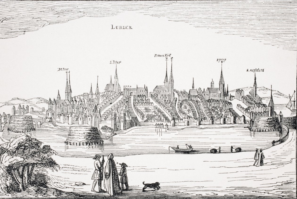 Udsigt over Lübeck og dens havn i det 16. århundrede efter en kobberplade i 