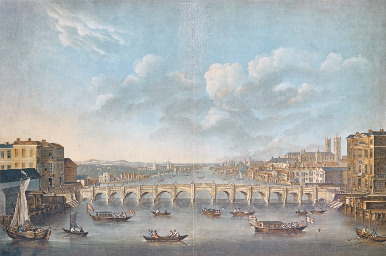 Udsigt over Westminster Bridge, graveret af Pierre Michel Alix (1762-1817), 1799 (farvegravering) af French School