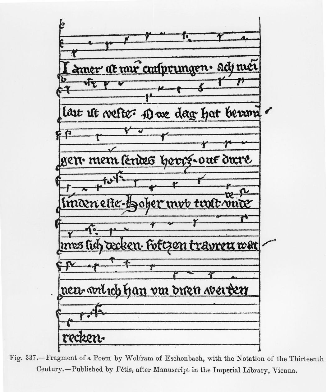Fragment af et digt af Wolfram af Eschenbach, udgivet af Fetis, illustration fra 