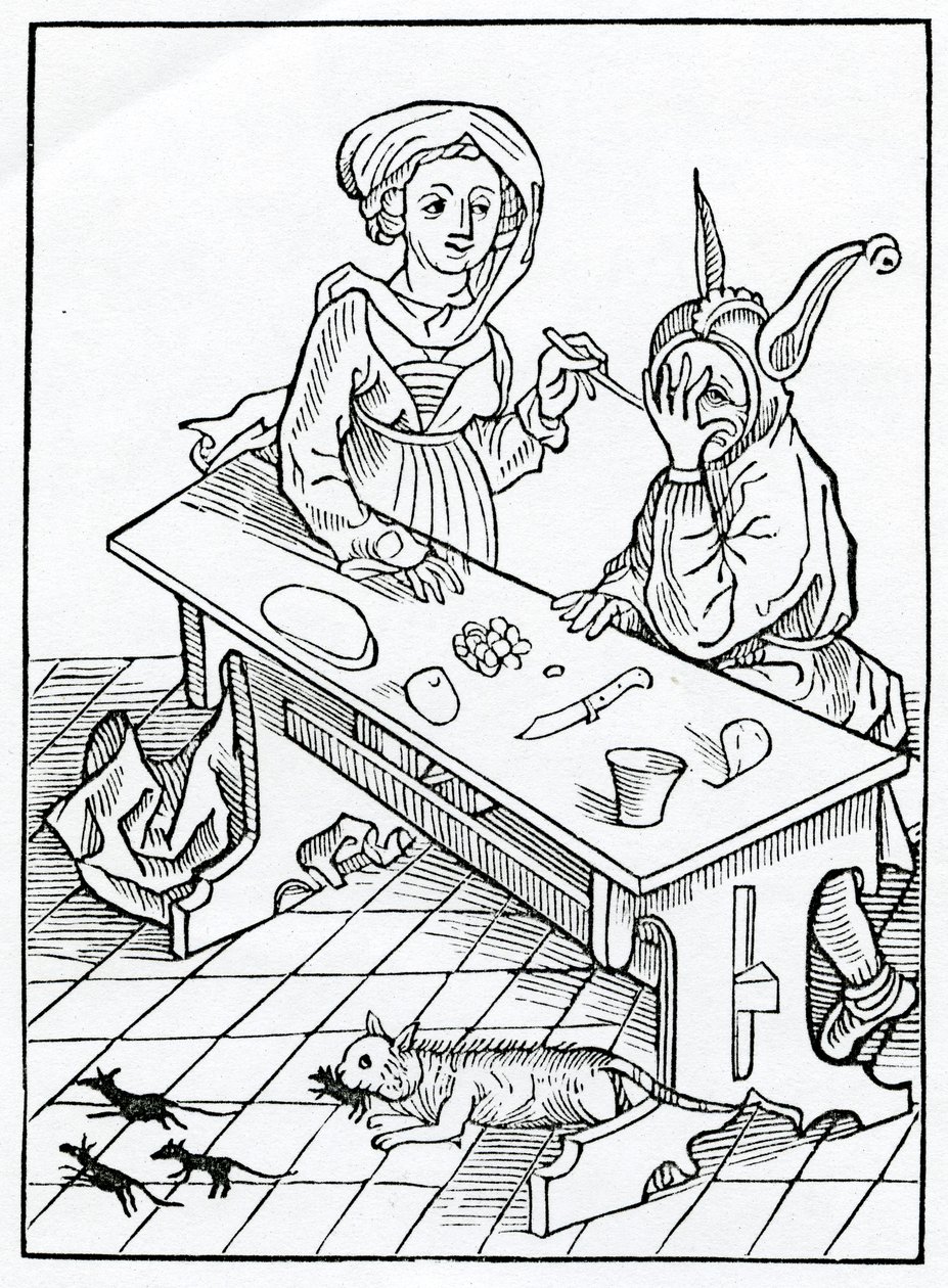 Af auoutry, og især af dem yt ar bawdes til deres wyues, knowynge og wyll nat knowe, men kepe counseyll, for couetyse, og homoseksuelle eller auauntage, illustration fra Alexander Barclays engelske trad. af German School