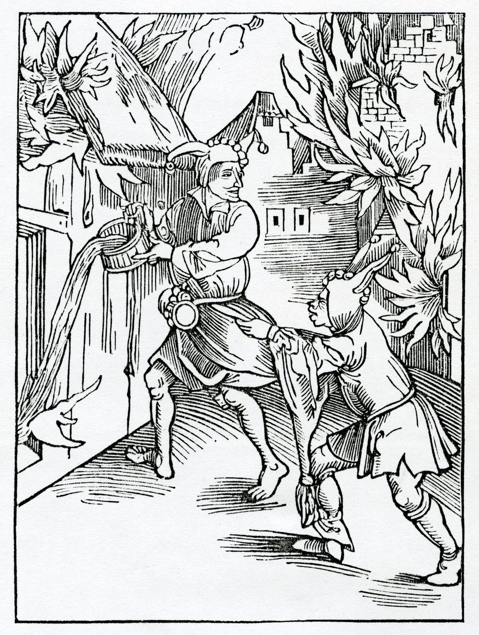 Af fjoller, der glemmer dem selv og gør en anden mannys besynes lounge deres egen ugjort, illustration fra Alexander Barclays engelske oversættelse af 