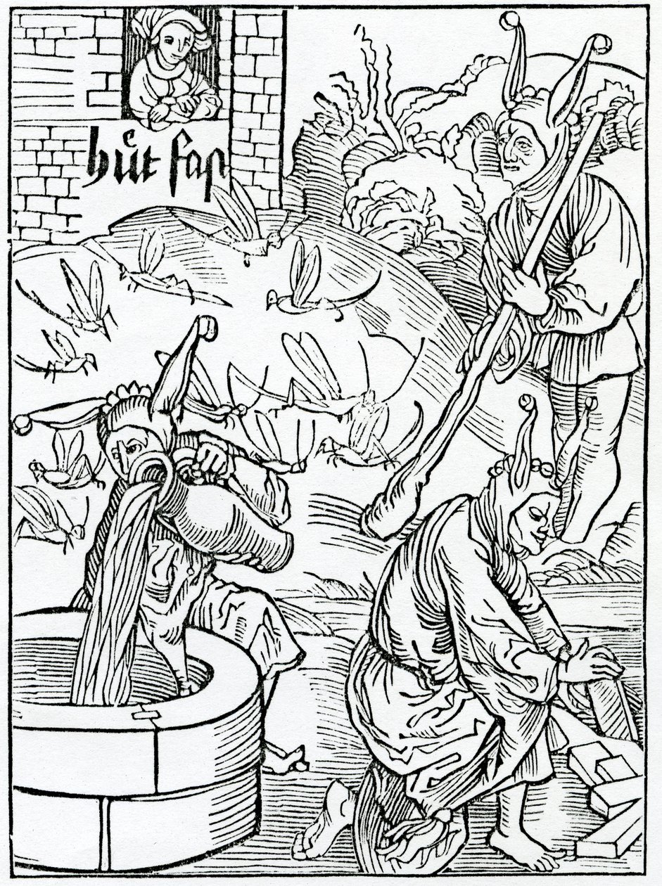 Af hym, der er jaloux over sin hustru og iagttager deres veje uden grund, eller euydent tokyn of hir myslyuynge, illustration fra Alexander Barclays engelske oversættelse af 