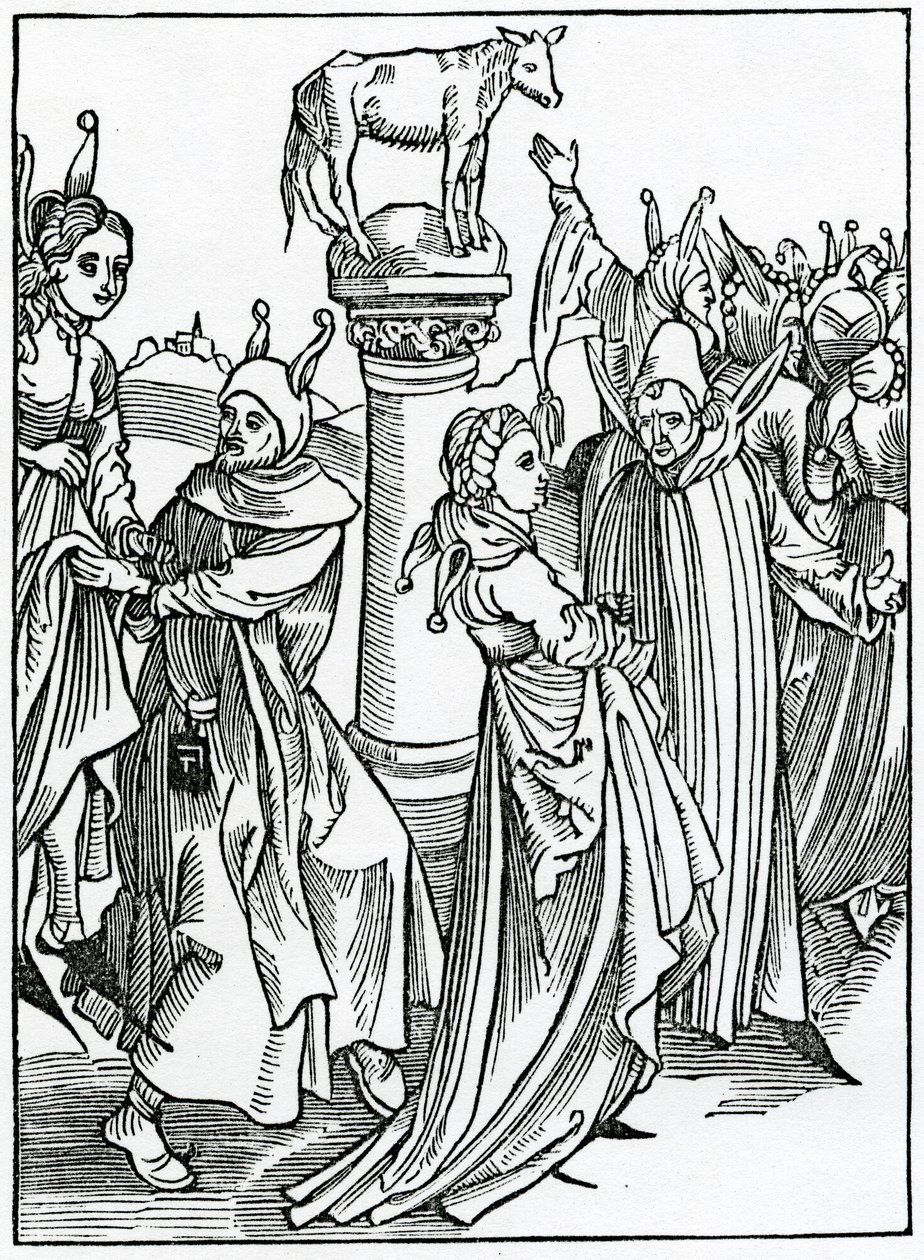 Af lepynges og dauncis og fjoller, der passer deres tid i suche vanyte, illustration fra Alexander Barclays engelske oversættelse af 