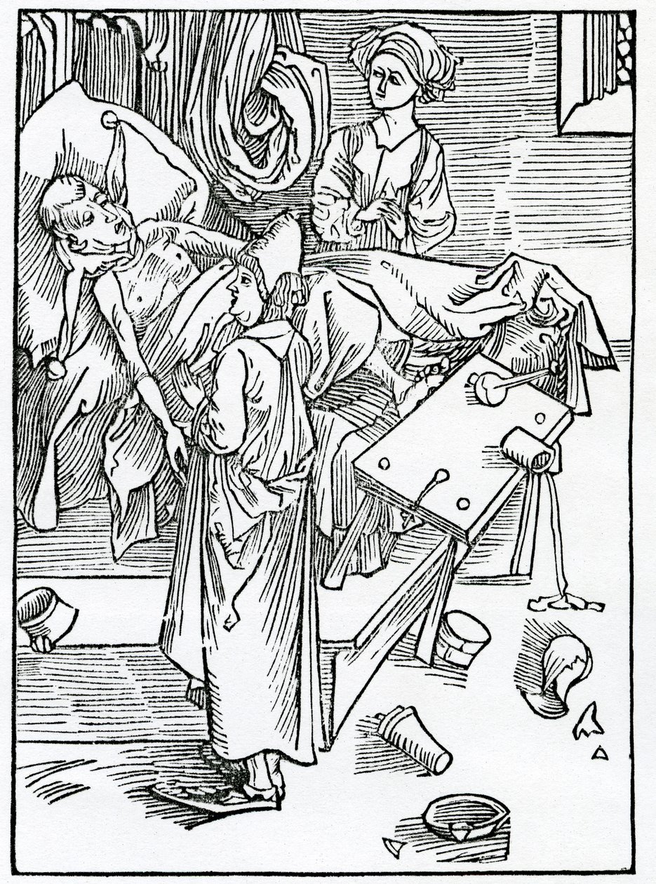 Af dem, der er syge og søger og er utålmodige og lydige over for lægen, illustration fra Alexander Barclays engelske oversættelse af 