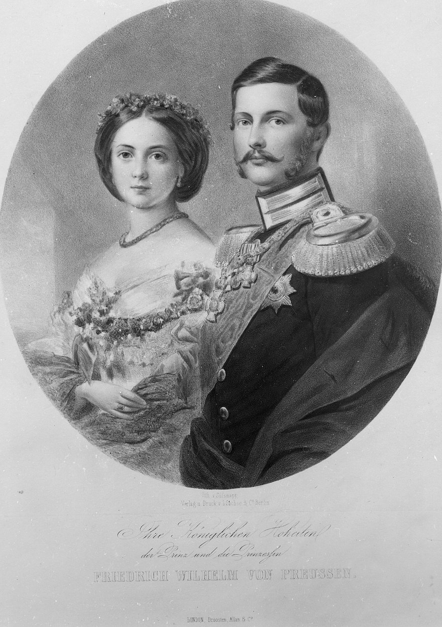 Bryllupsportræt af Deres Kongelige Højheder Prinsesse Victoria (1840-1901) og Kronprins Frederik Vilhelm af Preussen (1831-88) 25. januar 1858, graveret af Carl Sussnapp af German School