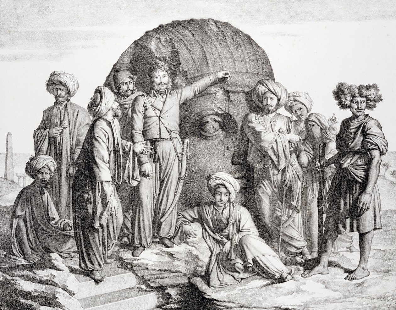 Monsieur Drovetti og hans tilhængere brugte et lod til at måle et kolossalt hoved i den egyptiske ørken, indgraveret af G. Engelmann, fra 