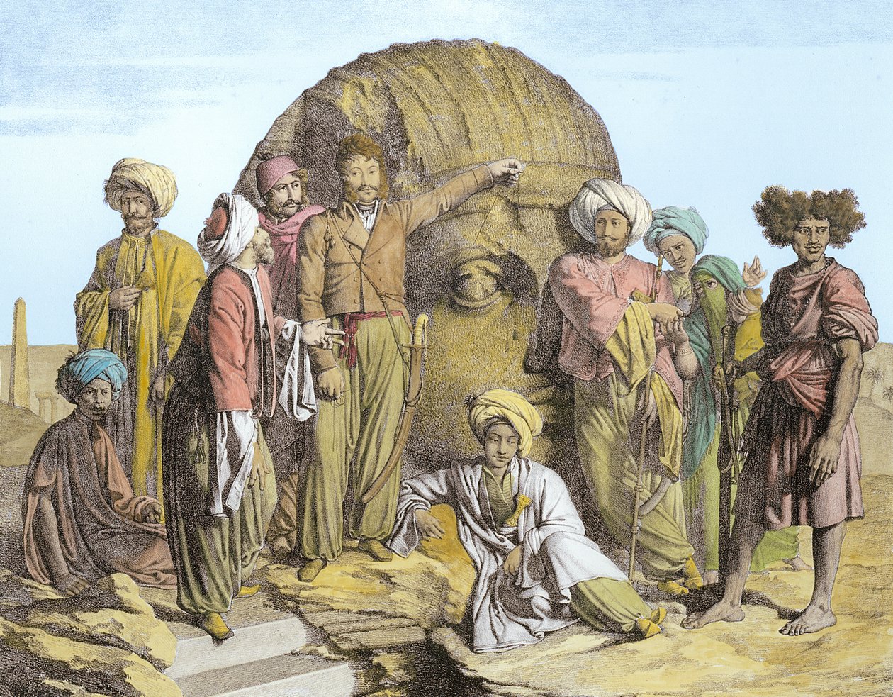 Monsieur Drovetti og hans tilhængere bruger et lod til at måle et kolossalt hoved i den egyptiske ørken, graveret af G. Engelmann, fra "Voyage dans le Levant" af Comte de Forbin, udgivet 1819 (lit af Granger