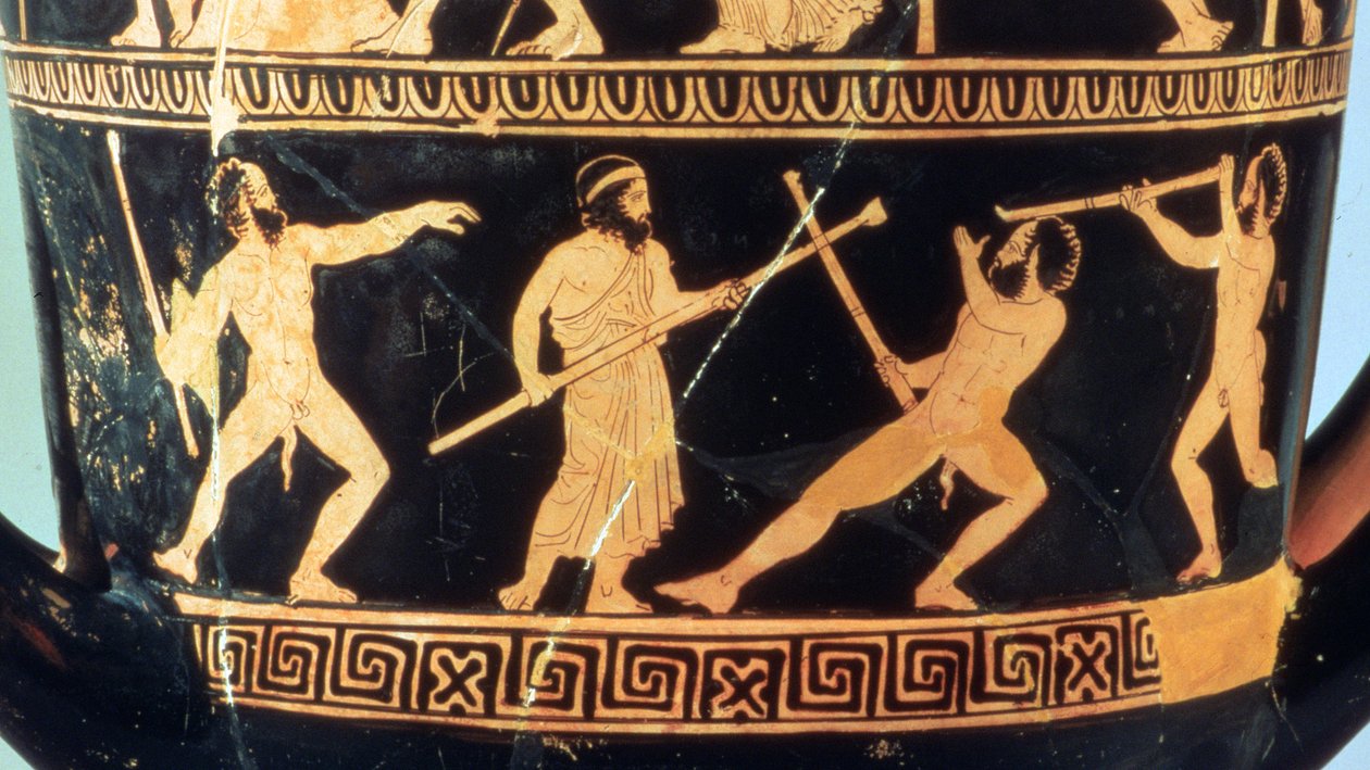 Attisk rød-figur calyx-krater, der viser (over) Theseus gerninger og (under) satyrerne Sikinnis, Komos og Simos tænder fakler fra kul, som Prometheus bærer i en fennikelstilk, ca. 420 f.Kr. (keramik) af Greek