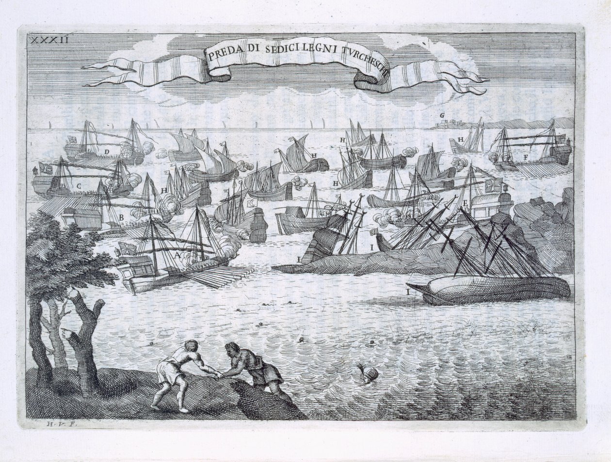 Seksten piratskibe i tyrkernes løn sænket af italienere i deres galeoner og galeasse, illustration fra 