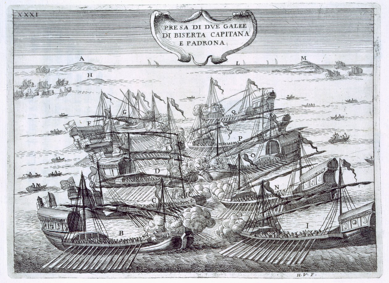 To galeoner af Birserta taget af italienerne i en kamp mod hinanden, hovedsageligt af galeasses, illustration fra 