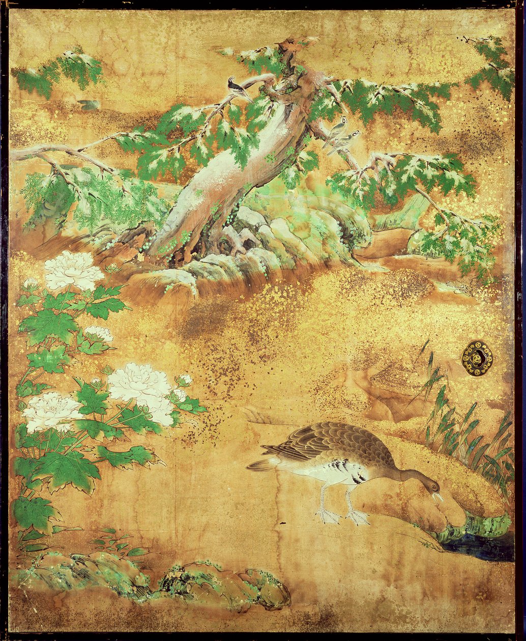 Skydedørspanel til fugle og blomster (blæk, farver, guld og sølv på papir) af Japanese School