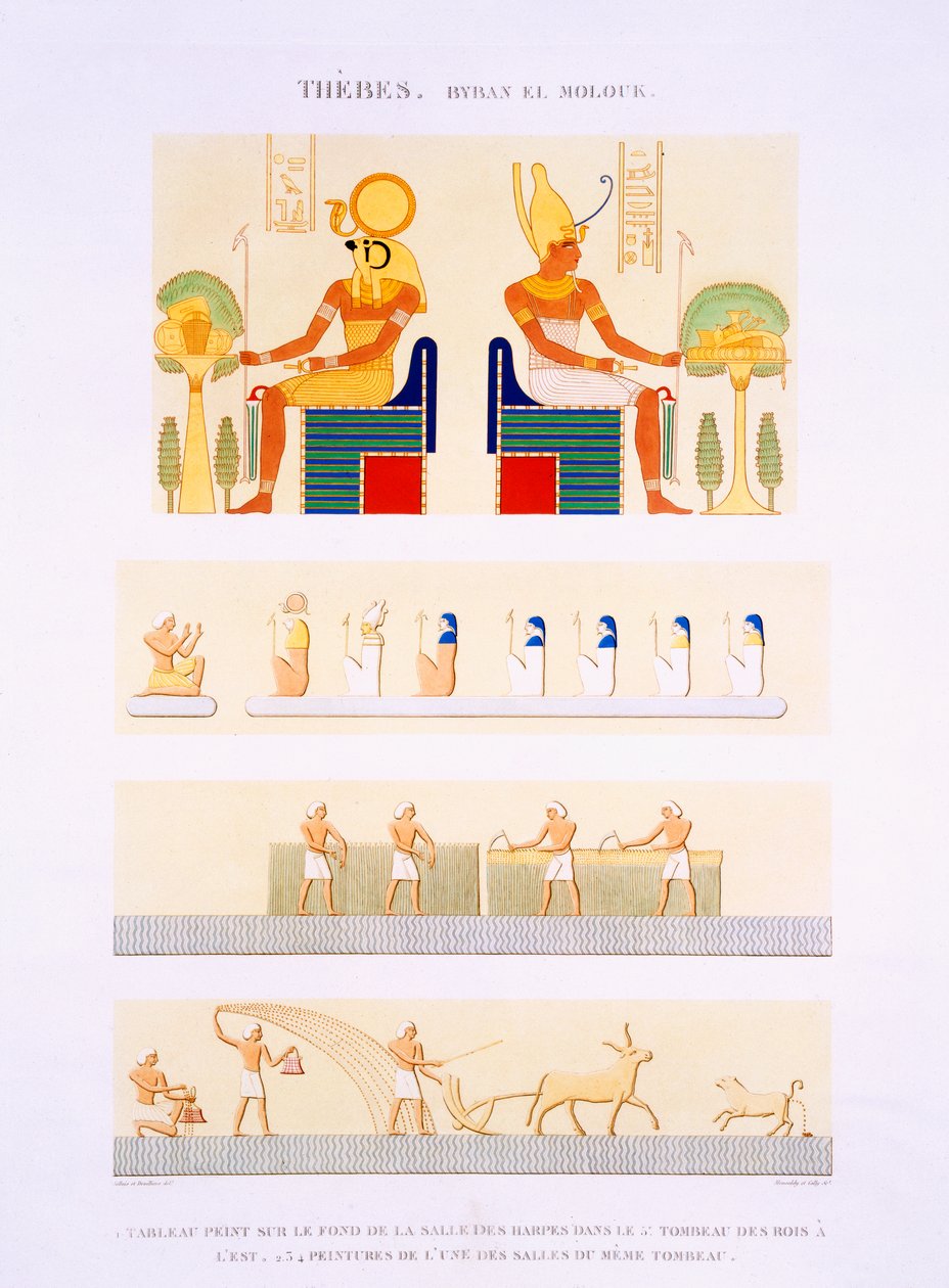 Illustrationer af malede tavler og vægmalerier fra Harperne fra den 5. grav fra Østens konger, planche 90 fra bind II af `Descriptions of Egypt`, graveret af Monsaldy og Cally, 1822 (akvaratint). af Jollois and Devilliers