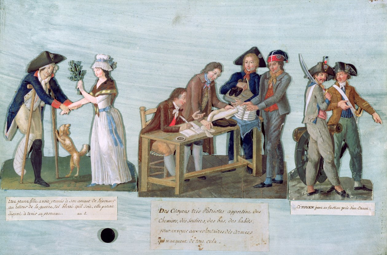 En kvinde, der lover at gifte sig med sin sårede bejler efter krigen, patriotiske borgere donerer deres tøj til de kæmpende frivillige og vagter nær deres kanon, ca. 1792 (gouache på kort) af Lesueur Brothers