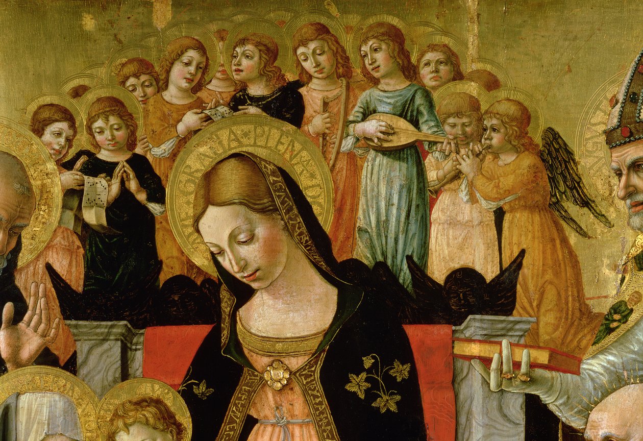 Den hellige Katarina af Sienas ægteskab, detalje af Jomfruens og englenes hoved, ca. 1481-1500 (tempera og olie på panel) (se også 99056) (for detaljer se 99638) af Lorenzo d Alessandro da Severino II