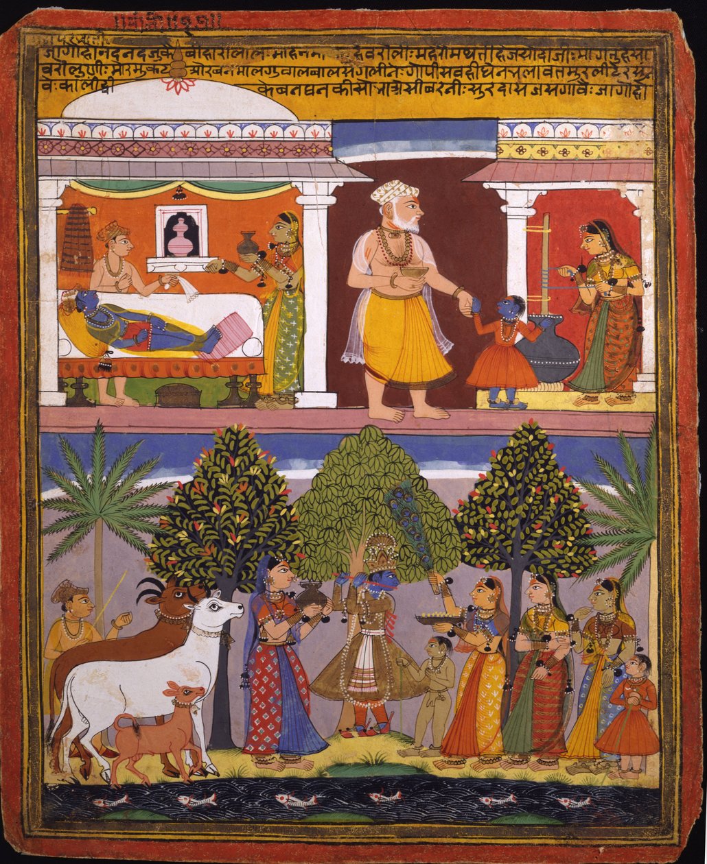 Scener fra Childhood Krishna, fra et Sur Sagar -manuskript af   Manohar