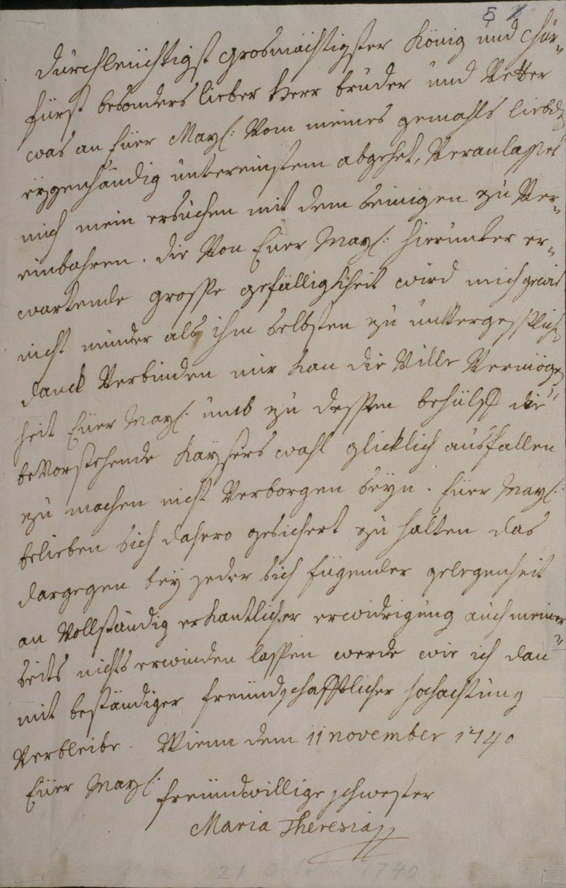 Et brev fra Maria Theresa til kong Frederik II, der beder om hans støtte til det kejserlige valg af hendes mand Frans I, 11. november 1740 (pen og blæk på papir) af Maria Theresa of Austria
