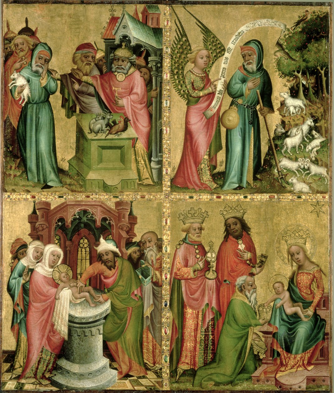 Joachims offer, Kristi omskæring, bebudelsen til St. Joachim og tilbedelsen af vismændene fra venstre fløj af Buxtehude-alteret, 1400-10 (tempera på panel) af Master Bertram of Minden