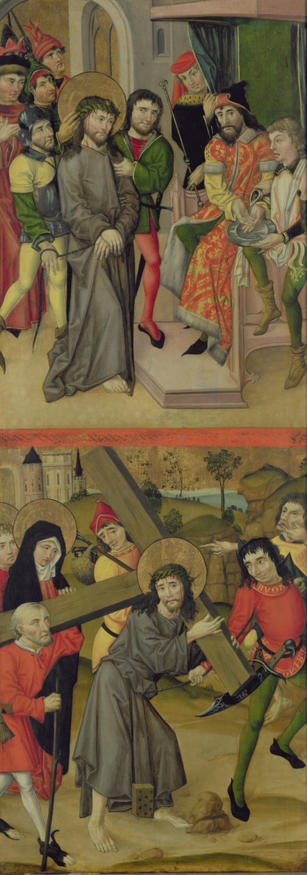 Kristus før Pilatus og Kristus der bærer korset, panel fra og altertavle, der viser scener af lidenskab og helgener, 1490 (se også 144537 og 144539-40) af Master of the Luneburg Footwashers