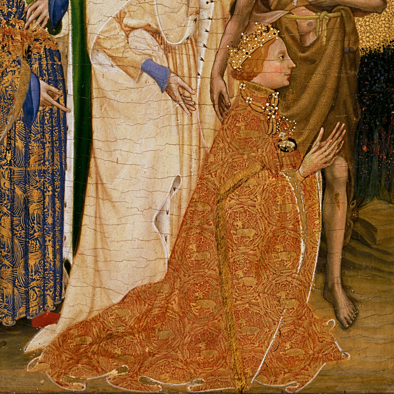 Richard II præsenteret for jomfruen og barnet af hans skytshelgen Johannes Døberen og de hellige Edward og Edmund, ca. 1395-99 (ægtempera på eg) (detaljer fra 3028) af Master of the Wilton Diptych