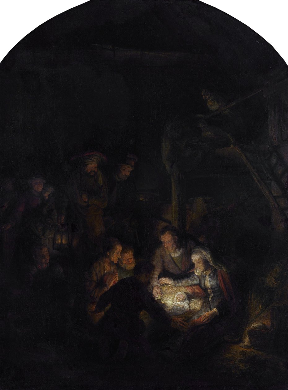 Tilbedelse af hyrderne. af Rembrandt van Rijn