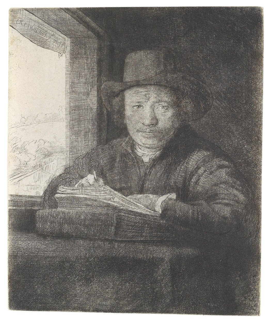 Tegner selvportræt ved vinduet af Rembrandt van Rijn