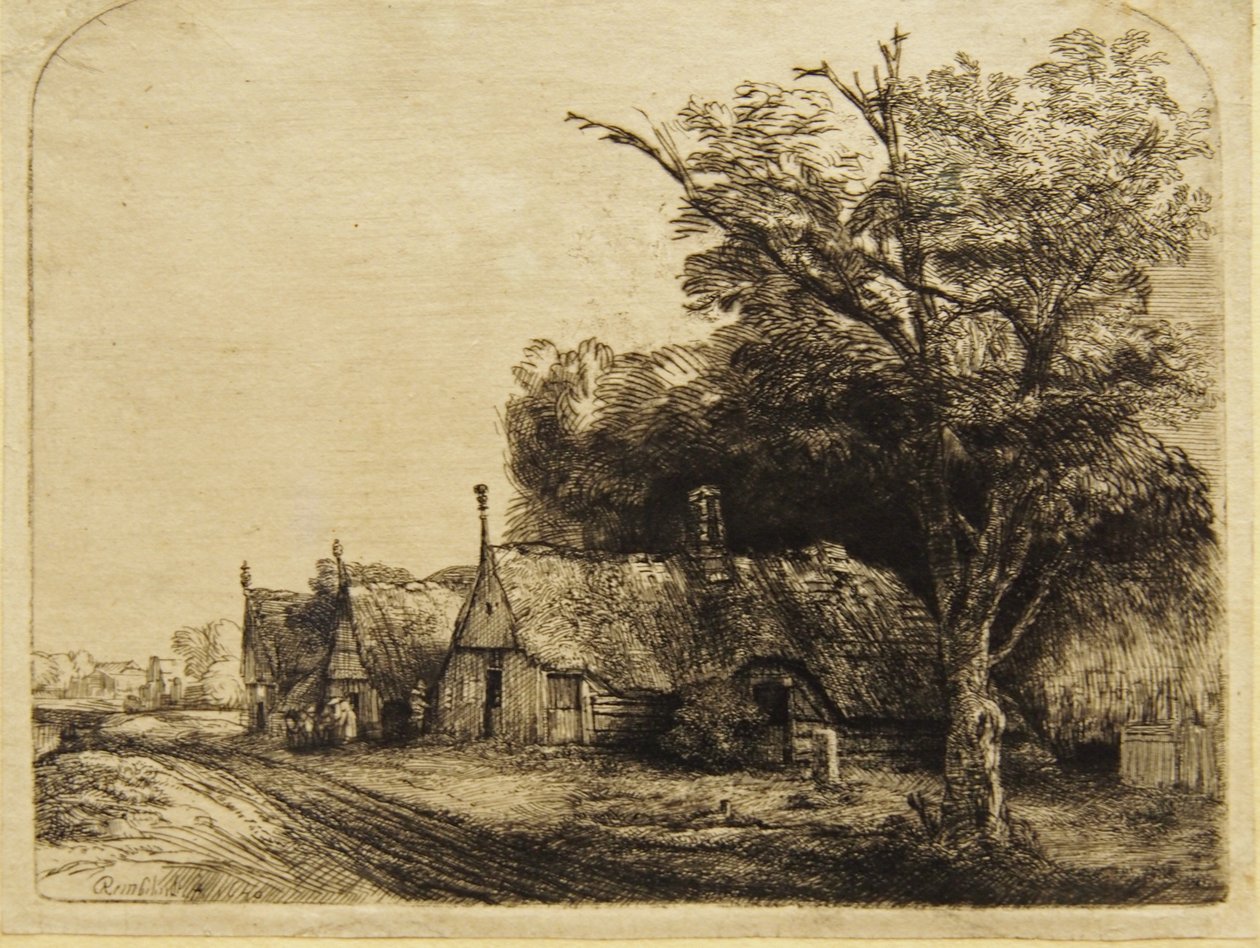 Tre stuehuse langs en vej af Rembrandt van Rijn