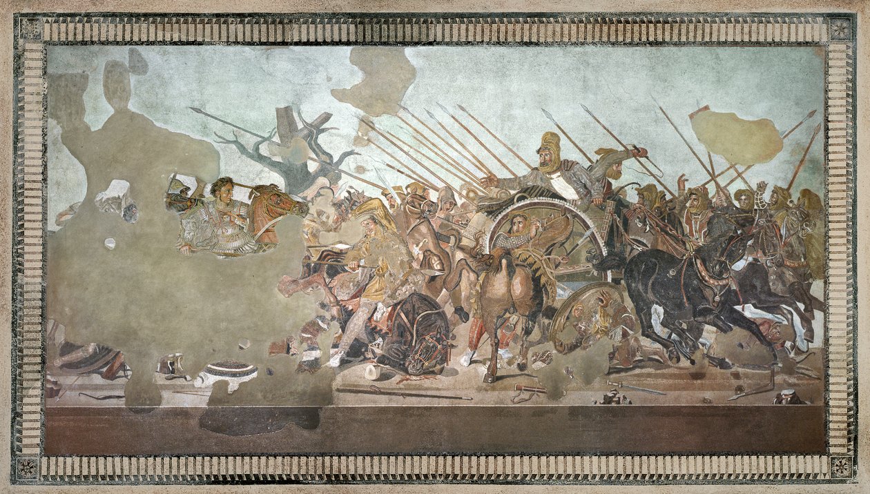 Alexander-mosaikken, der skildrer slaget ved Issus mellem Alexander den Store (356-323 f.Kr.) og Darius III (d.330 f.Kr.) i 333 f.Kr., romersk gulvmosaik fjernet fra Casa del Fauno (Faunens Hus) af Roman